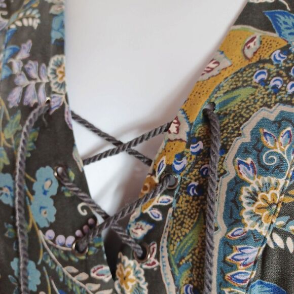 Free People Mini Dress S Gray Boho Floral Long Sleeve Crochet Yoke Lined Flowy - Picture 8 of 9